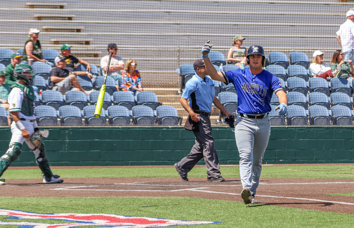 Grant Watkins bat flip after home run in the first inning of game one against Midland College at Christensen Field.